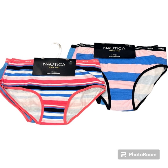 6 pair Nautica Girl’s’ underwear stripes and solids, hipsters and bikinis, S & M - Picture 1 of 4